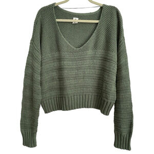 Y2K Cable Knit Sweater Womens Small Green V Neck Pullover Preppy Drop Sleeve